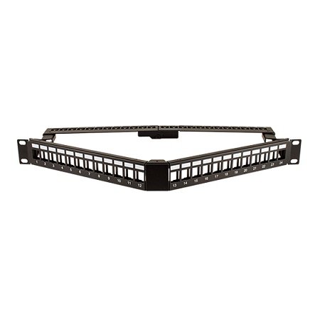 043-383/A/24 Vertical Cable Blank Patch Panel V-Type with Cable Manager, 24 Port, Angled with Support Bar - Black