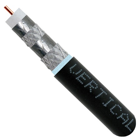 107-1952/DB/6Q Vertical Cable 18 AWG Shielded Copper Clad Steel CL2/CM Non-Plenum RG6 Coax Cable - 1000' Wooden Spool - Black
