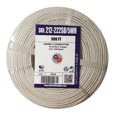 212-222SO/5WH Vertical Cable 22 AWG 2 Conductors Unshielded Solid Bare Copper CM/CL2 Non-Plenum Alarm Security Cable - 500' Coil Pack - White