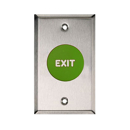 908-GE-MO x 32D Dormakaba Rutherford Controls Exit Symbol Momentary Action Mushroom Button - Brushed Stainless Steel Faceplate - Green Cap