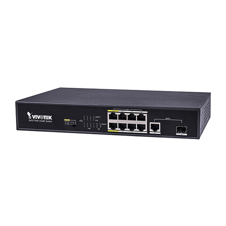 AW-FGT-100C-120 Vivotek 8 PoE Ports + 1 Gigabit UTP Port + 1 Gigabit SFP Port 120W Total Budget Unmanaged Desktop PoE Switch