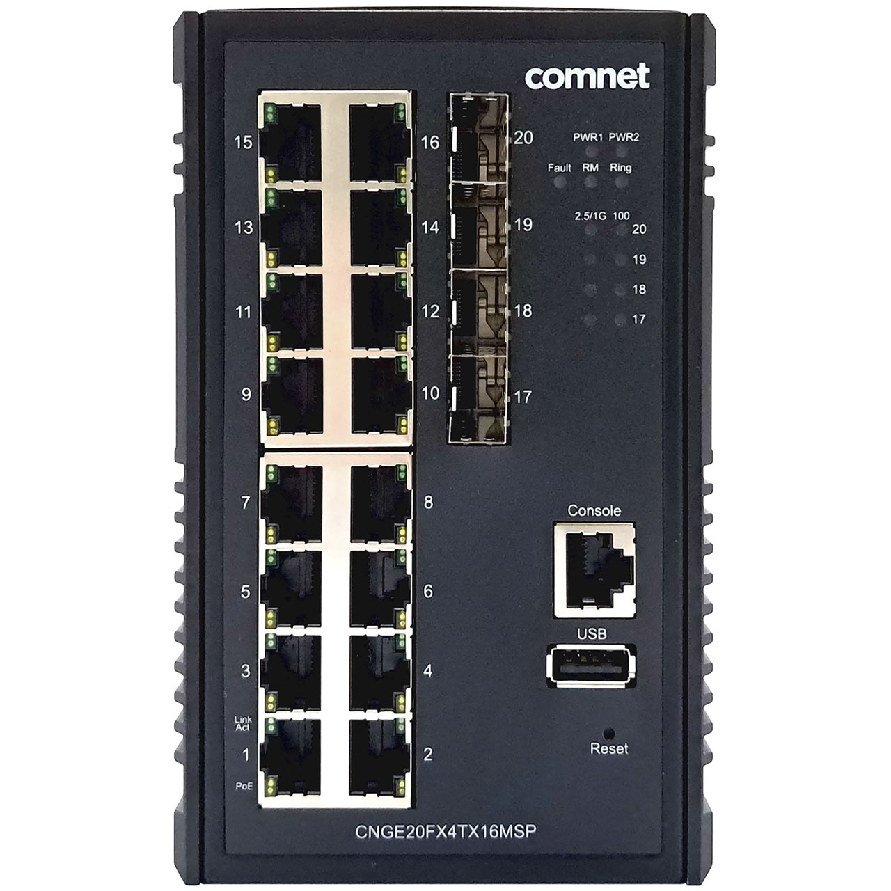 CNGE20FX4TX16MSP Comnet 16 Gigabit Ports + 4 x 100/1000/2500 SFP Ports 240W Industrial Managed L2+ Ethernet Switch 
