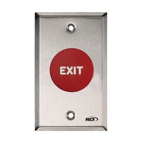 908-RE-MO x 32D Dormakaba Rutherford Controls Exit Symbol Momentary Action Mushroom Button - Brushed Stainless Steel Faceplate - Red Cap