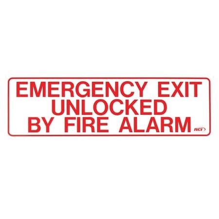 BC2M Dormakaba RCI 12" W x 4" H Building Code Sign - Emergency Exit Unlocked by Fire Alarm - English - Printed in Red on Clear Mylar