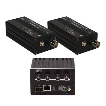 EECF-2KT-B KBC Networks eCopper Kit for 2 PoE Cameras 10/100Mbps Auto-sensing PSE Ethernet over Coax kit Consisting of 2 x EECF1-LS1-T-MN-B Transmitters 1 x EECF4-DN1-R-WN-B Receiver and 1 x GST160A48 Power Supply