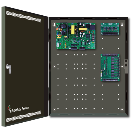 FPO150-C8D8E2 LifeSafety Power 8 Door 12 Amp 12VDC or 6 Amp 24VDC 8 Lock and 8 Auxiliary Distribution Outputs Access Control and CCTV Power Supply in UL Listed Indoor 16" W x 20" H x 4.5" D Electrical Enclosure