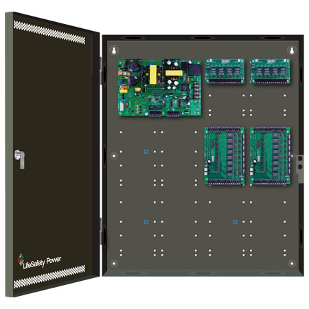FPO250-2C82D8E4 LifeSafety Power 16 Door 20 Amp 12VDC or 10 Amp 24VDC 16 Lock and 16 Auxiliary Distribution Outputs Access Control and CCTV Power Supply in UL Listed Indoor 20" W x 24" H x 4.5" D Electrical Enclosure