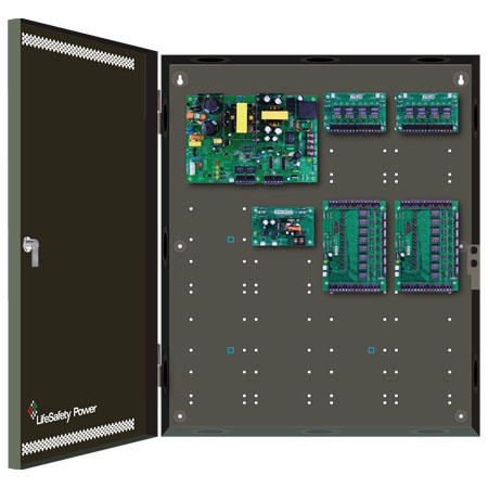 FPO250-B1002C82D8E4 LifeSafety Power 16 Door 8 Amp 24VDC and 4 Amp 12VDC and 4 Amp 12VDC 8 Amp 24VDC 16 Lock and 16 Auxiliary Distribution Outputs Access Control and CCTV Power Supply in UL Listed Indoor 20" W x 24" H x 4.5" D Electrical Enclosure