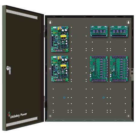 FPO75/75-2C82D8E4 LifeSafety Power 16 Door 6 Amp 12VDC or 3 Amp 24VDC 16 Lock and 16 Auxiliary Distribution Outputs Access Control and CCTV Power Supply in UL Listed Indoor 20" W x 24" H x 4.5" D Electrical Enclosure