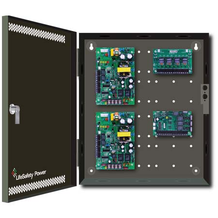 FPO75/75-C4D8E1 LifeSafety Power 4 Door 6 Amp 12VDC and 3 Amp 24VDC 4 Lock and 8 Auxiliary Distribution Outputs Access Control and CCTV Power Supply in UL Listed Indoor 12" W x 14" H x 4.5" D Electrical Enclosure