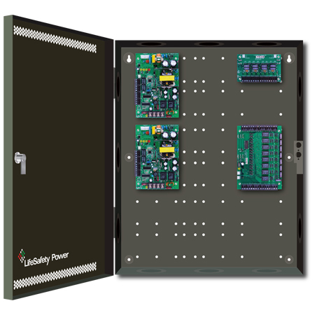FPO75/75-C8D8E2 LifeSafety Power 8 Door 6 Amp 12VDC or 3 Amp 24VDC 8 Lock and 8 Auxiliary Distribution Outputs Access Control and CCTV Power Supply in UL Listed Indoor 16" W x 20" H x 4.5" D Electrical Enclosure