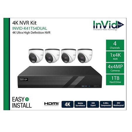 INVID-K41T54-DUALN InVid Tech 4 Channel NVR Kit 80Mbps Max Throughput - 2TB w/ Built-in 4 Port PoE and 4 x 4MP 2.8mm Outdoor IR Turret IP Security Cameras