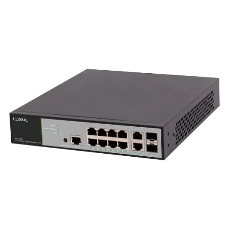 XMS-1208P Luxul 8 Gigabit PoE Ports + 2 Gigabit Ethernet Uplink Ports + 2 Gigabit SFP Ports 130W Total Budget L3 Managed Front-Facing Rackmount PoE Switch