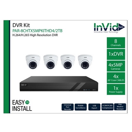 PAR-8CHTX5MPKITHD4/2TB InVid Tech Paramont Series HD-TVI/HD-CVI/AHD/Analog + 4 Channel IP DVR 30FPS @ 5MP - 2TB w/ 4 x 5MP 2.8mm Outdoor IR Turret HD-TVI/HD-CVI/AHD/Analog Security Cameras