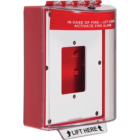 STI-13520FR STI Universal Stopper Dome Cover Enclosed Back Box, Open Mounting Plate and Hood with Horn - Fire Label - Red