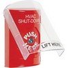 Show product details for SS2020HV-EN STI Red Indoor Only Flush or Surface Cover Key-to-Reset Stopper Station with HVAC SHUT DOWN Label English