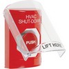 Show product details for SS2021HV-EN STI Red Indoor Only Flush or Surface Cover Turn-to-Reset Stopper Station with HVAC SHUT DOWN Label English