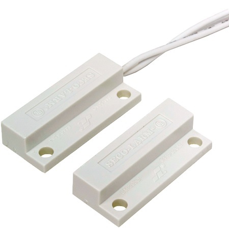 SM-205Q/W Seco-Larm Surface Mount N.C. Magnetic Contact w/ Flange and Pre-Wired Leads from Side - White