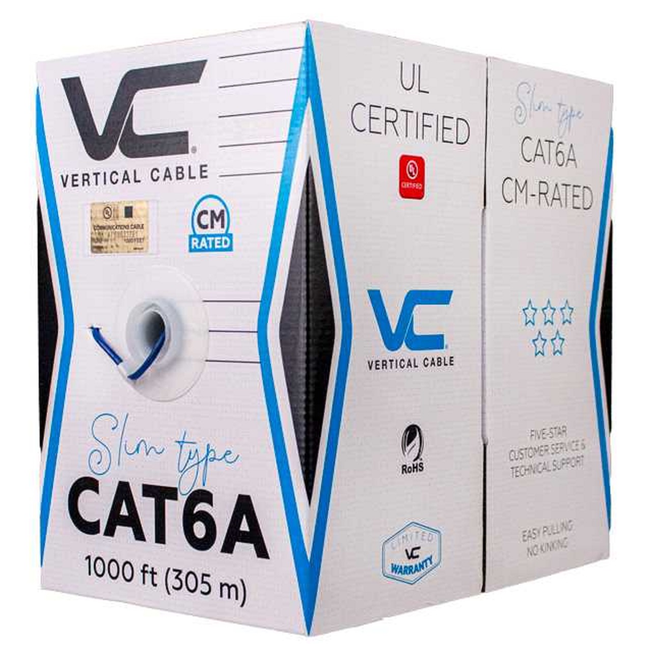 173-201/ST/BL Vertical Cable 173-201 Series 28 AWG 4 Unshielded Twisted Pair Solid Bare Copper CM Non-Plenum Slim Cat6A Cable - 1000' Pull Box - Blue