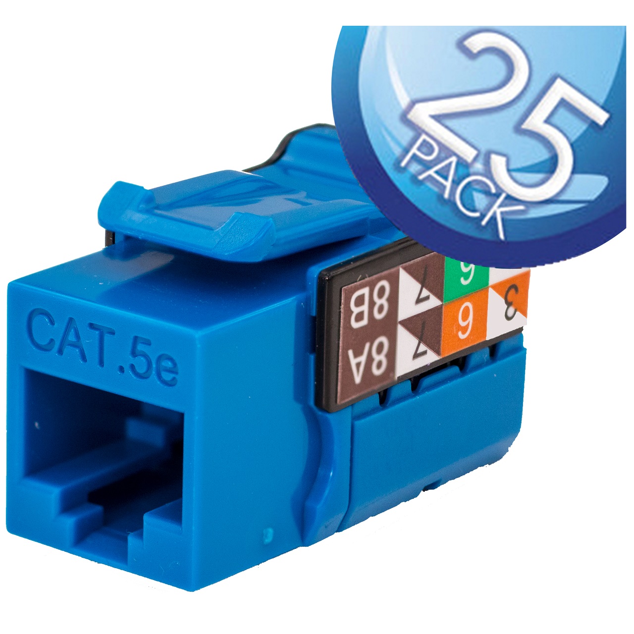 351-V2603/BL/25 Vertical Cable CAT5E Data Grade Keystone Jack 90Â° 8x8 Conductors - 25 Pack - Blue