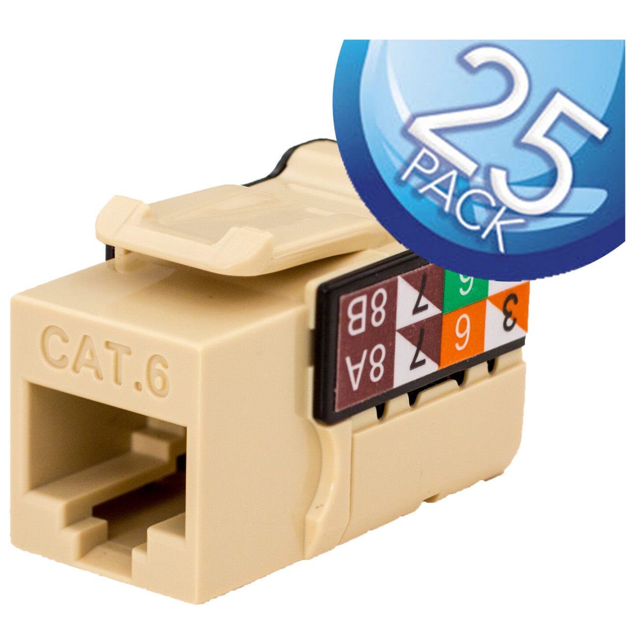 352-V2706/IV/25 Vertical Cable CAT6 Data Grade Keystone Jack 90Â° 8x8 Conductors - 25 Pack - Ivory