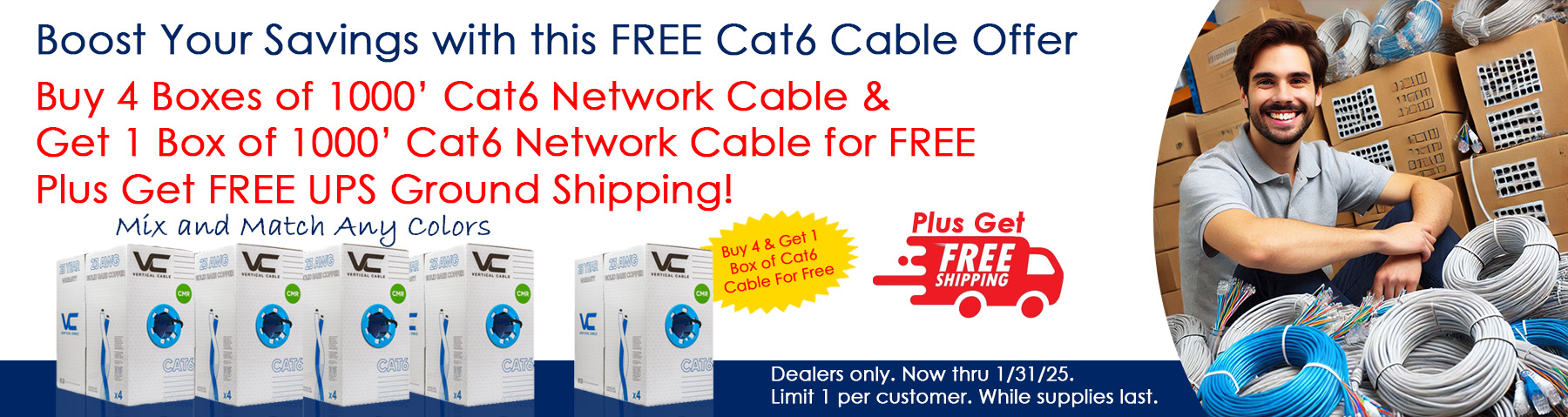 Buy 4 Boxes of 1000' Cat6 Network Cable and Get 1 Box of 1000' Cat6 Network Cable for FREE